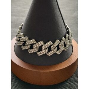 Silver Tone Rhinestone Cuban Link Fold over Clasp Bracelet  Estate Costume Jewel